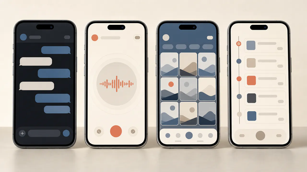 Four phones showing different companion app features