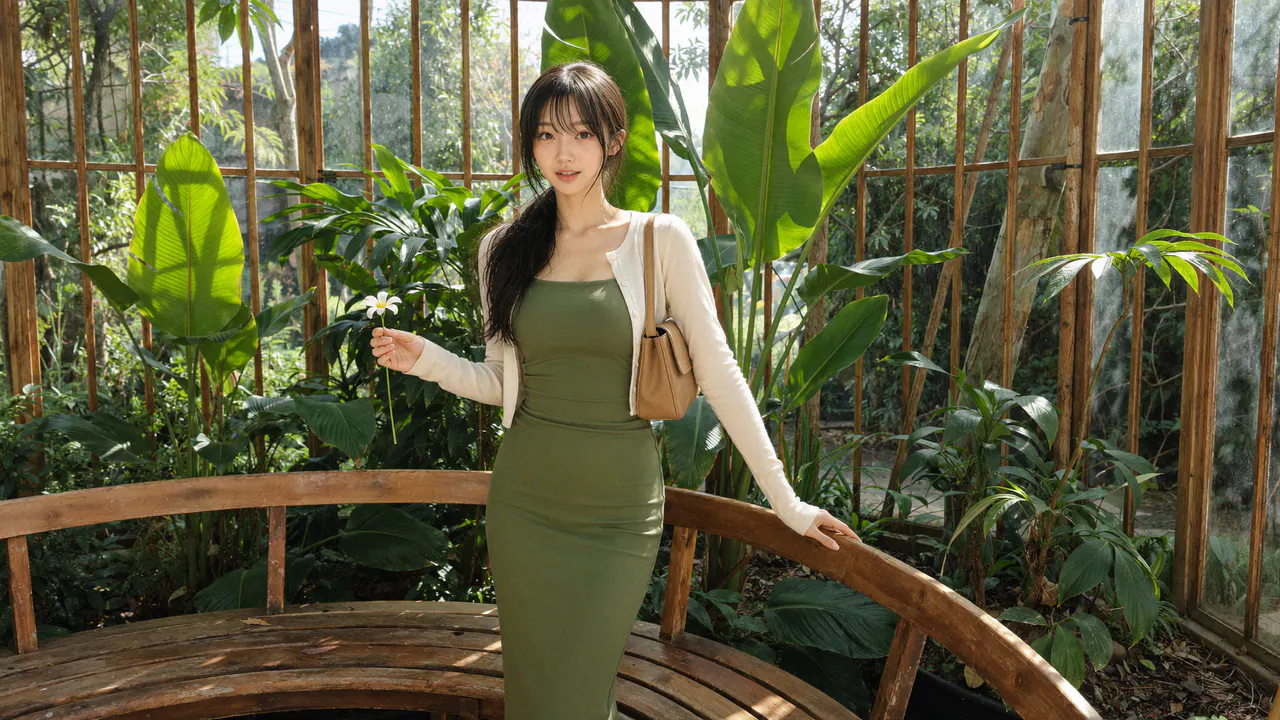 Riho standing beside a bench in a sunlit conservatory