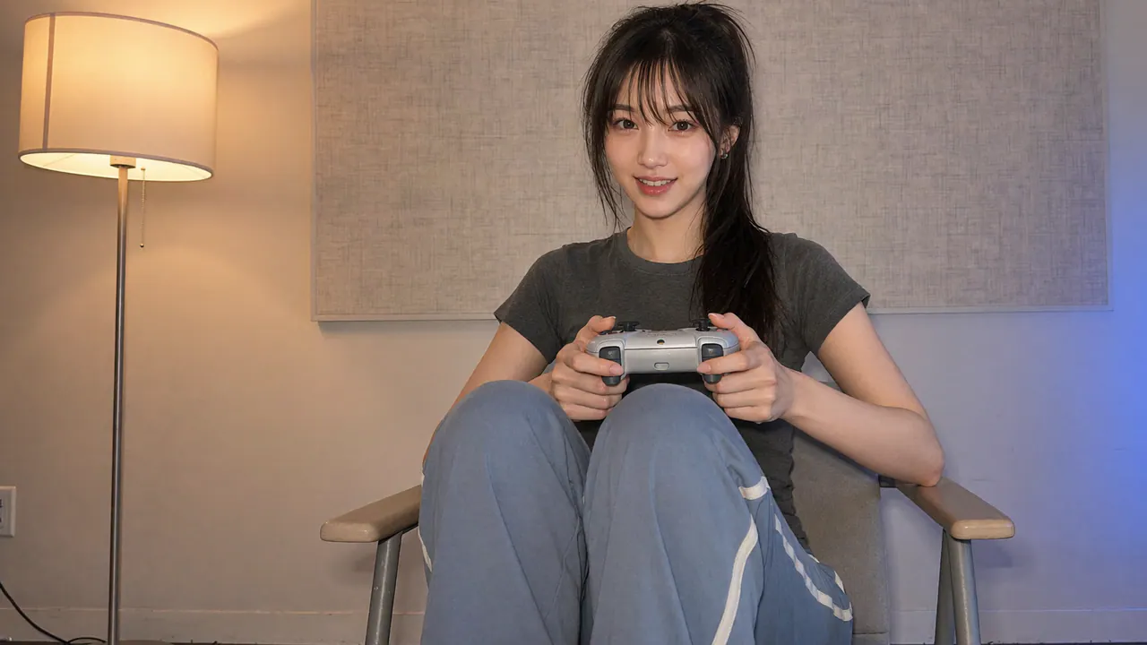 Riho holding a game controller during an evening session