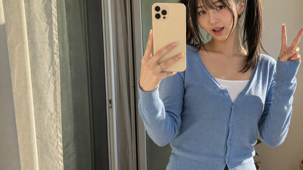 Riho taking a playful balcony selfie