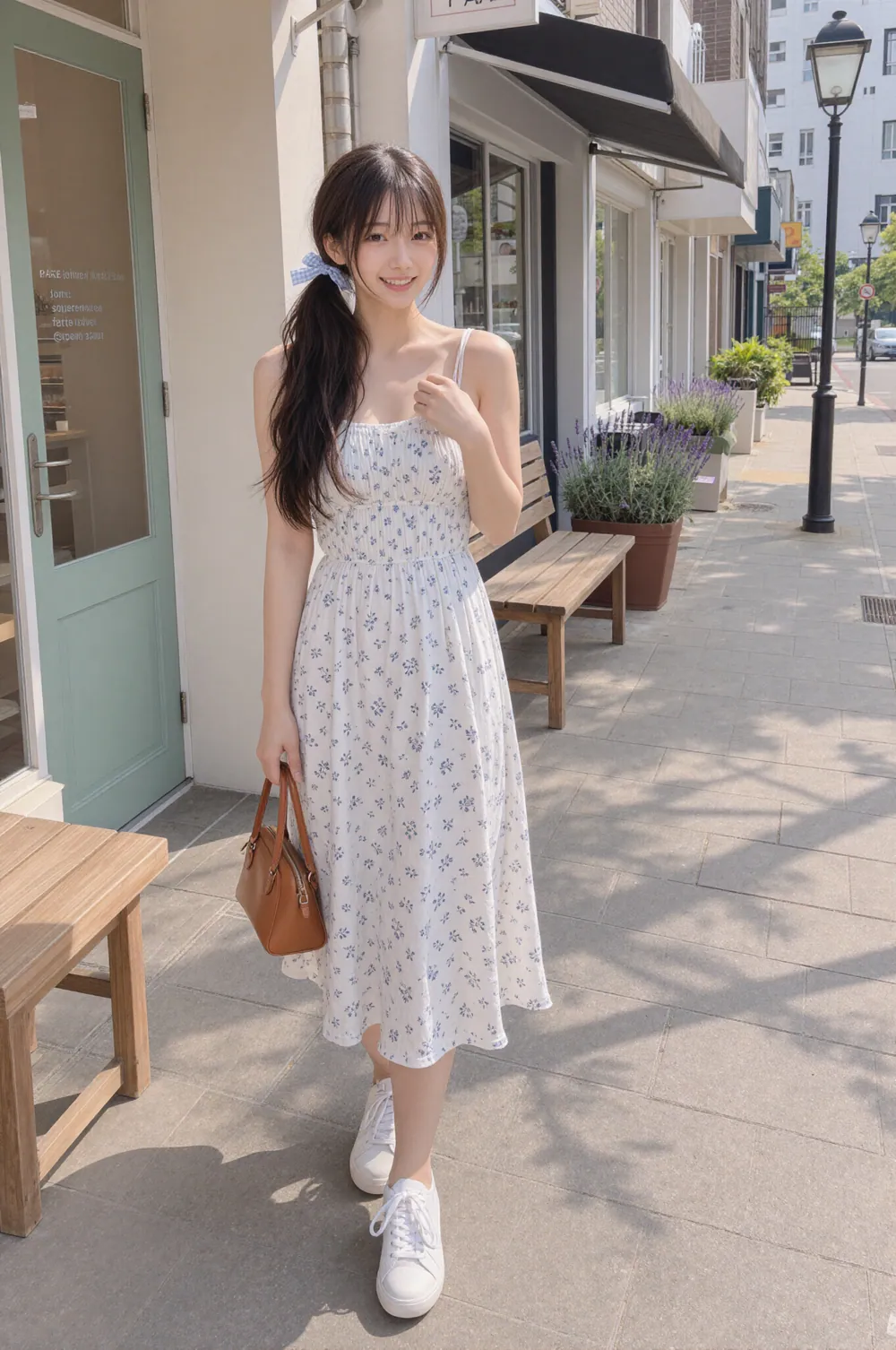Riho on a sunny shop-lined sidewalk in a white sundress with a small blue floral print