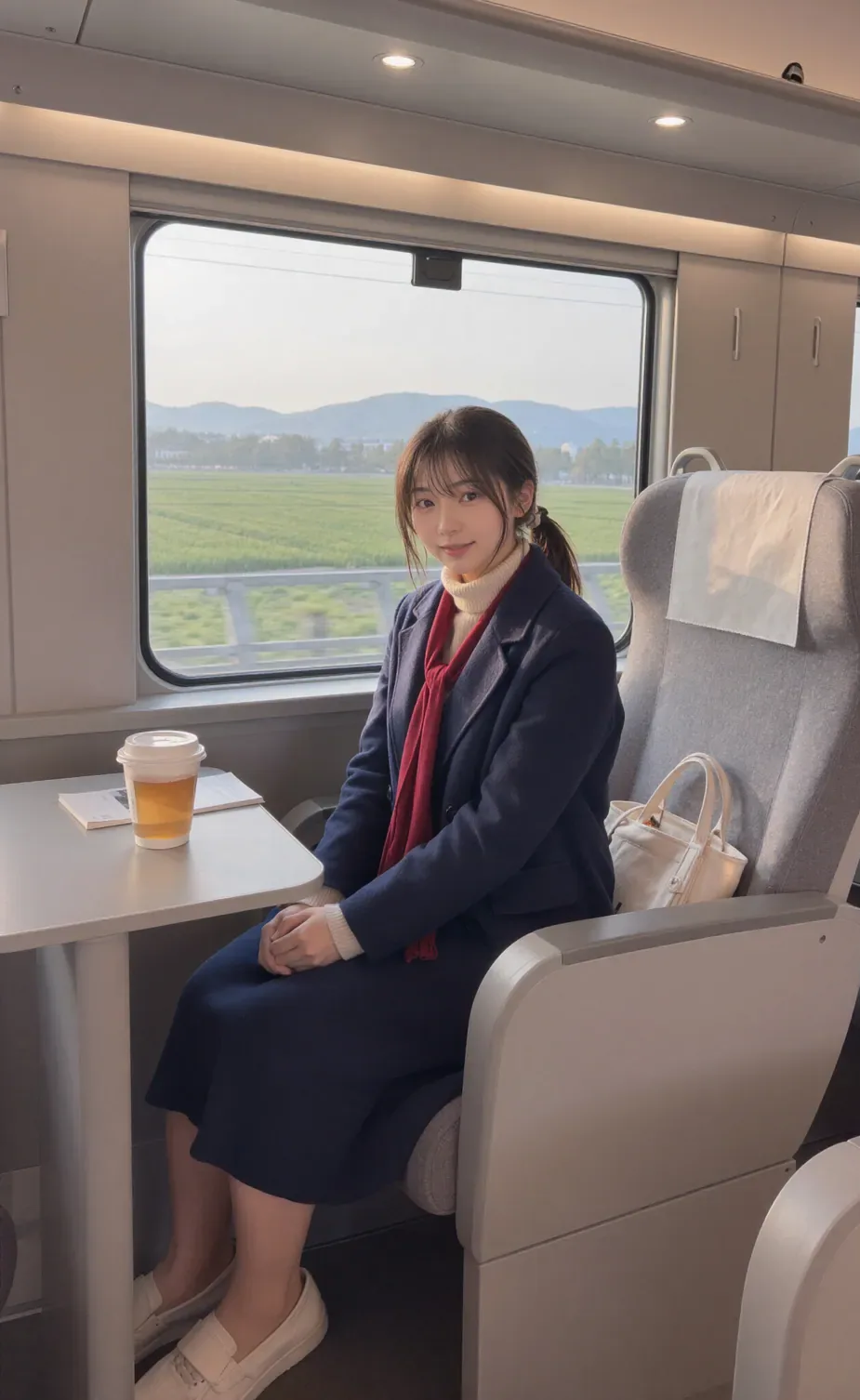 Riho in a window seat on an intercity train, smiling at the camera with a cup of tea and a paperback on the table beside her, green fields and hills going by behind her
