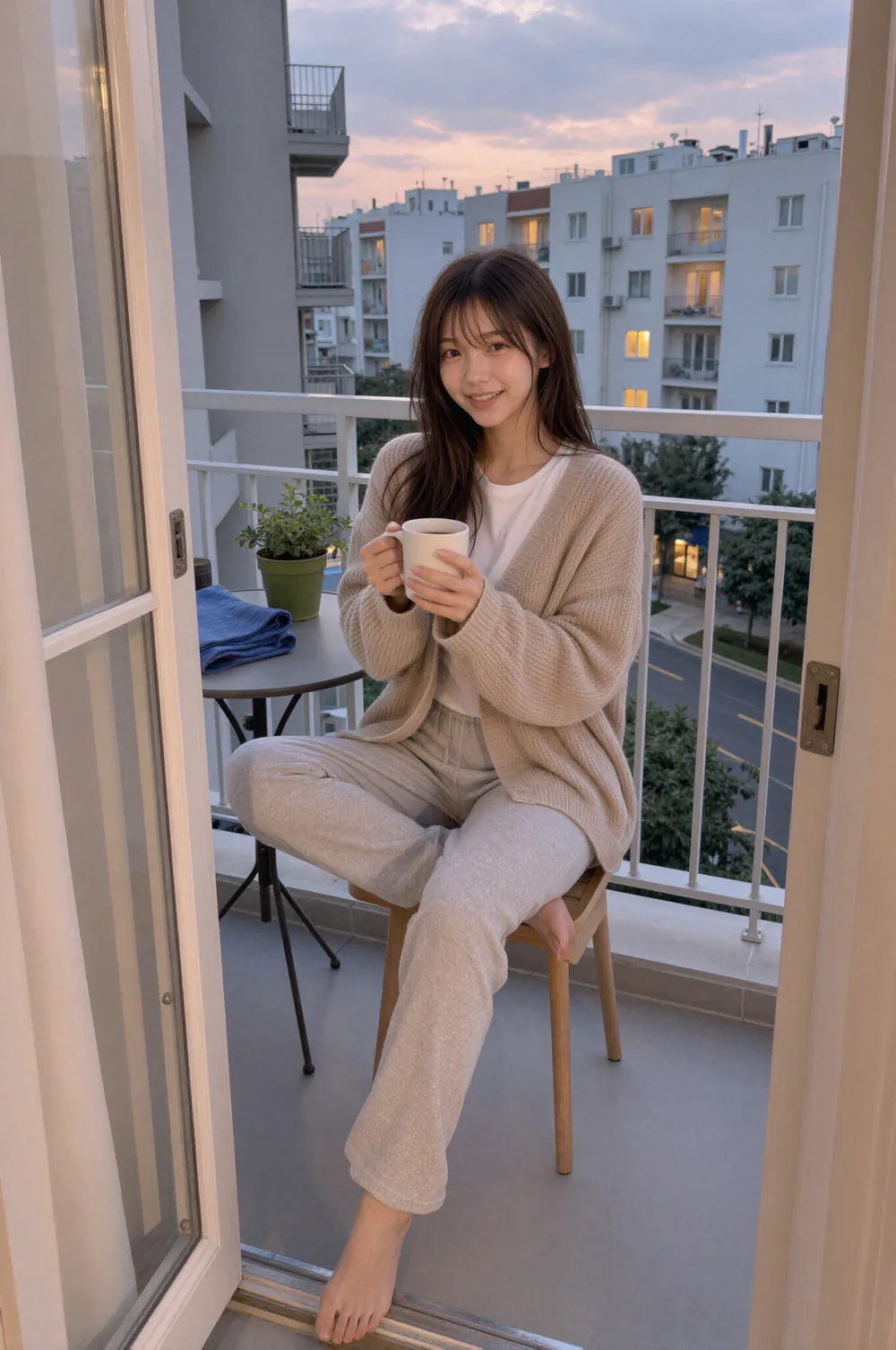 傍晚的阳台上，Riho 穿着米色针织开衫坐在凳子上，双手捧着一只马克杯对着镜头微笑，身后是暮色里亮起灯的居民楼