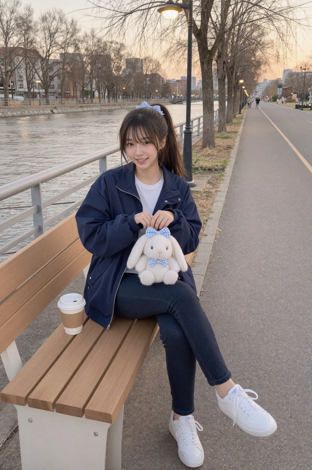 해 질 녘 강변 나무 벤치에 앉아 흰 토끼 인형을 안고 웃는 Riho. 남색 점퍼에 청바지를 입었고 벤치에는 종이컵이 놓여 있으며, 뒤로 강과 막 켜진 가로등이 보인다