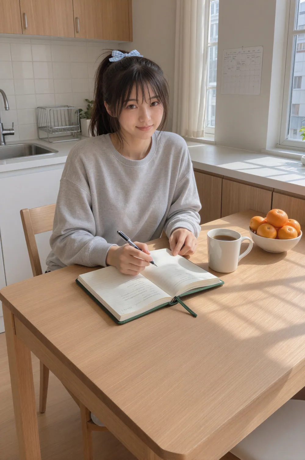 식탁에 앉아 펜으로 노트에 무언가를 적으며 카메라를 보고 웃는 Riho. 옆에는 머그잔과 귤이 담긴 그릇이 있다