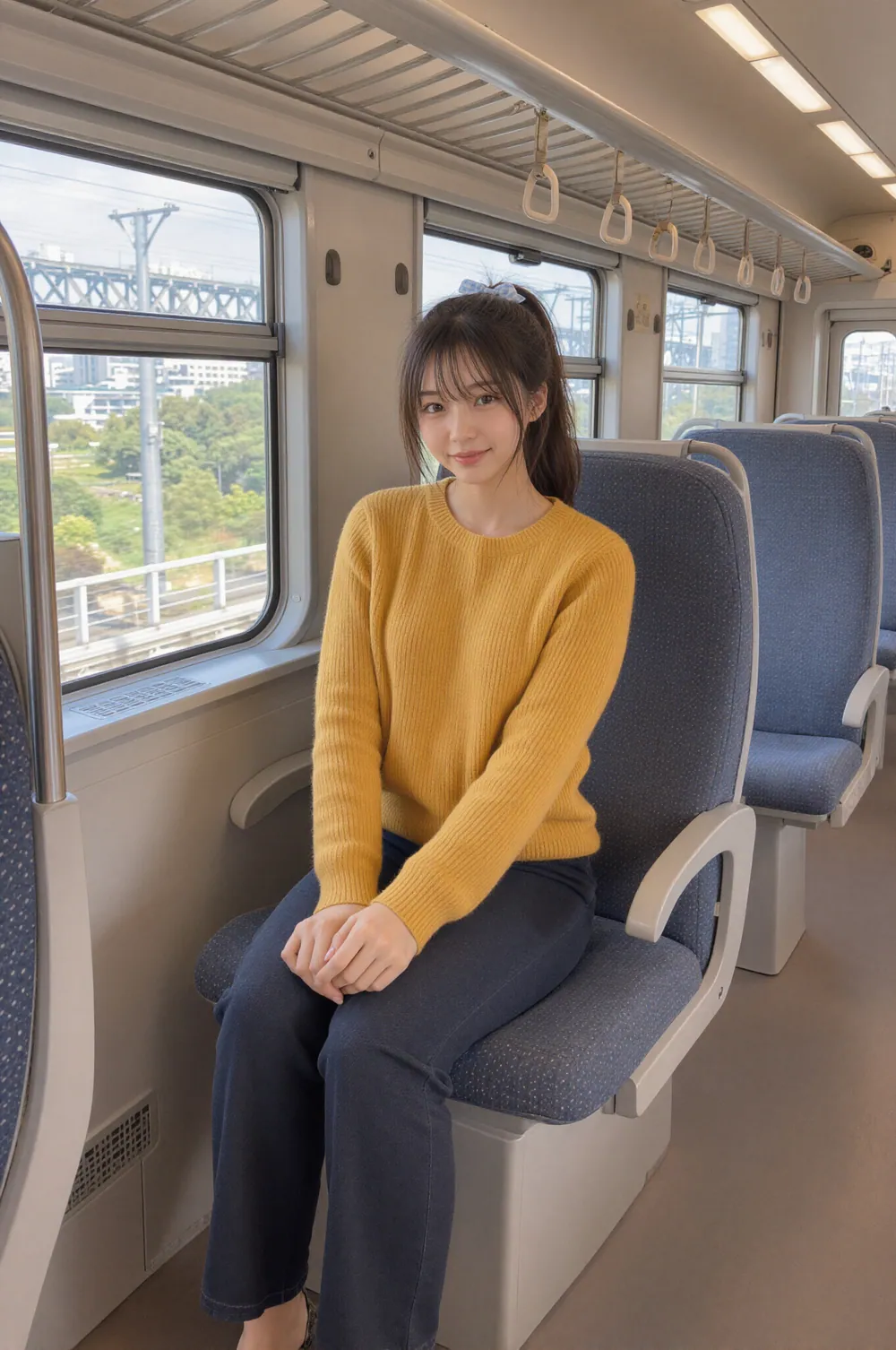 기차 창가 좌석에 앉아 카메라를 향해 웃는 Riho. 노란 스웨터를 입었고 창밖으로 도시와 철교가 보인다