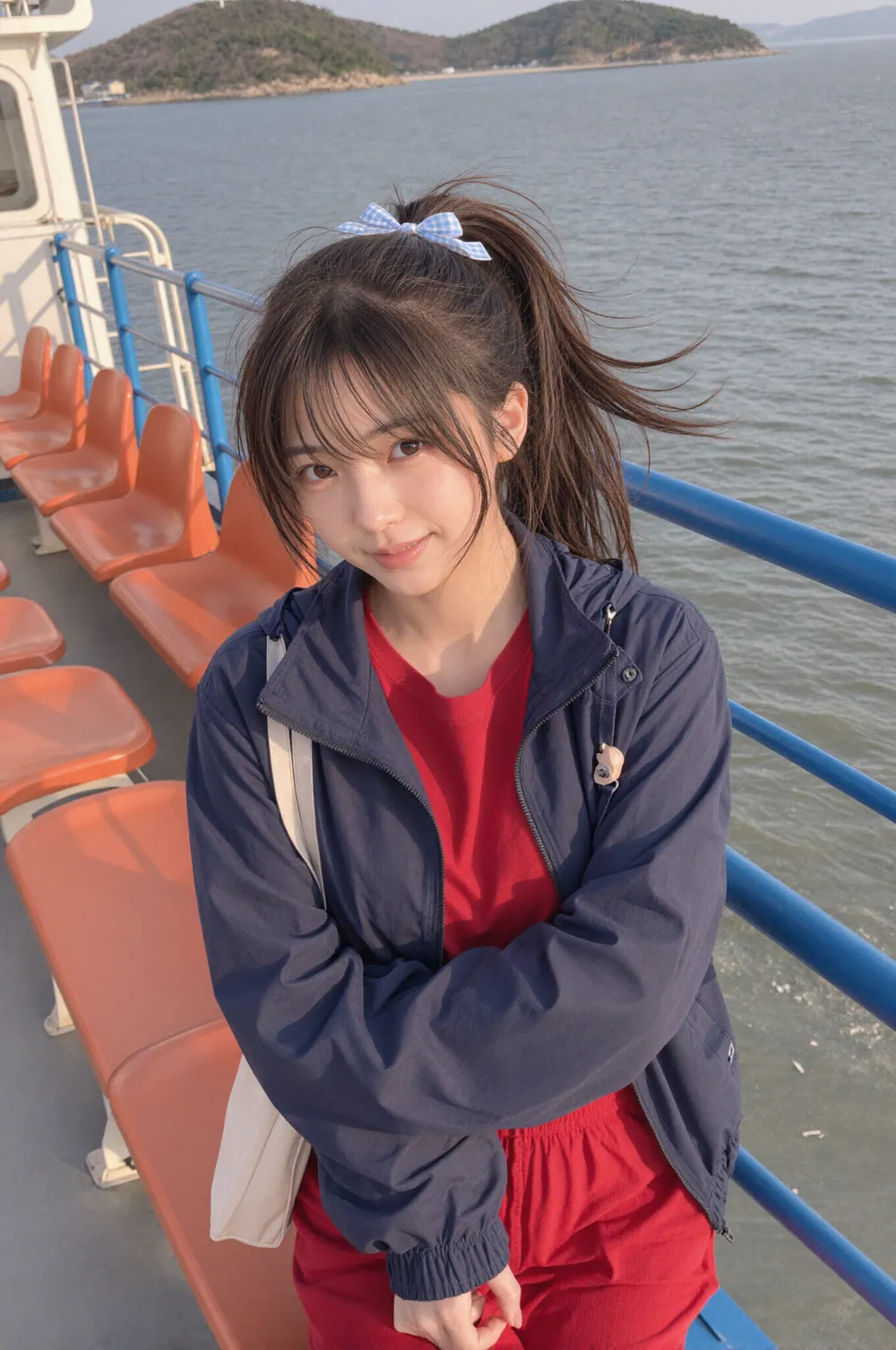 둘이 찍은 셀카처럼 카메라 쪽으로 몸을 기울이고 웃는 Riho. 파란 난간이 있는 배 갑판에서 바람에 머리카락이 날리고, 뒤로 바다와 섬이 보인다
