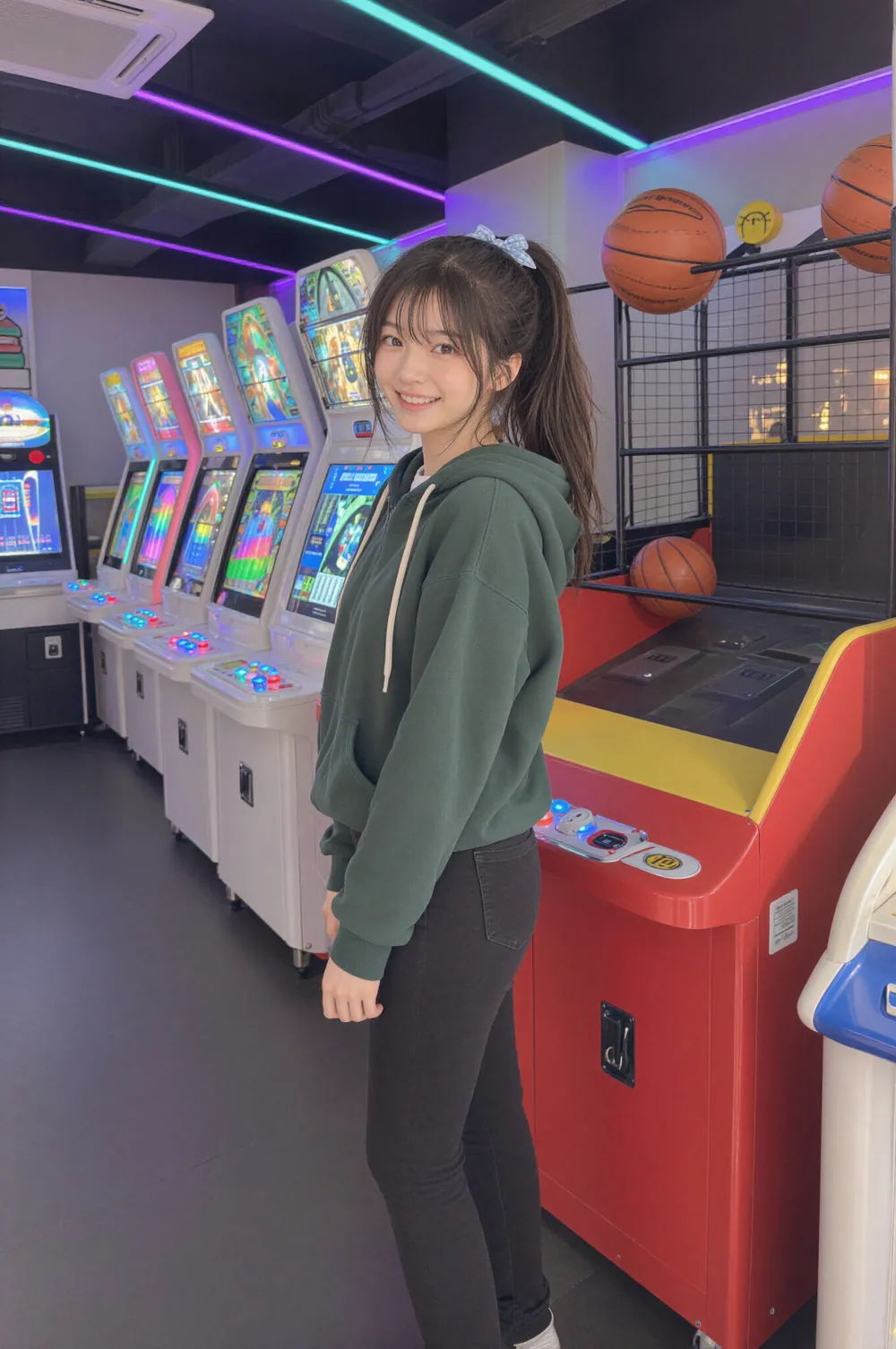 Riho smiling in a green hoodie at a neighborhood arcade in the evening, beside a row of lit game cabinets