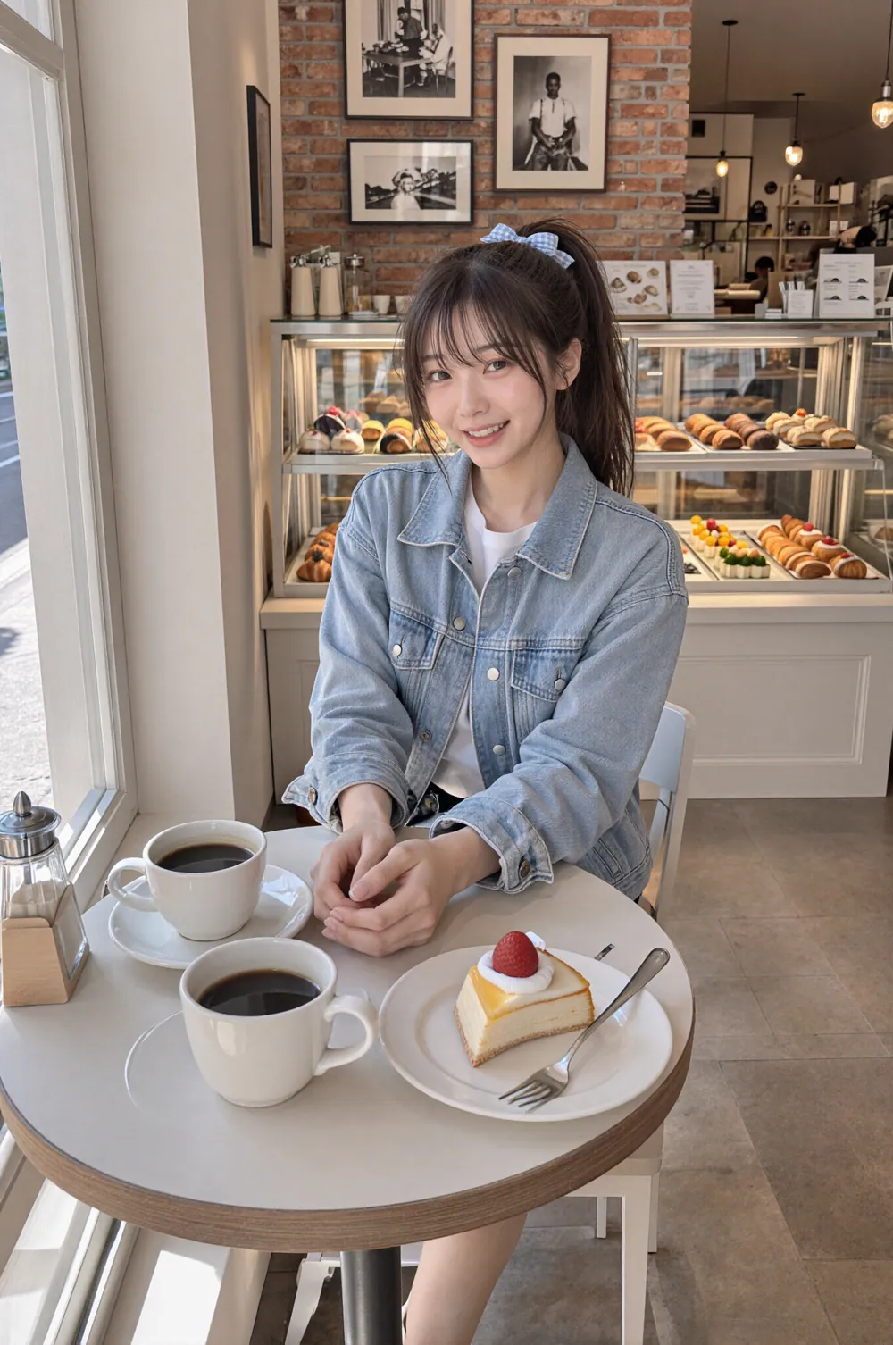 Riho 穿着牛仔外套，坐在咖啡店靠窗的小圆桌旁对着镜头微笑，桌上有两杯咖啡和一块顶着草莓的芝士蛋糕，身后是玻璃甜点柜