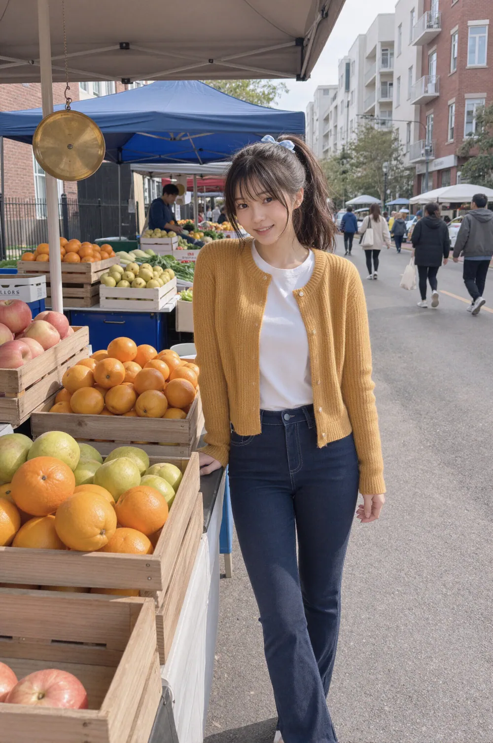 市場で、黄色いカーディガンを着たRihoが果物の店先に立ち、笑顔でこちらを見ている。木箱にはオレンジやりんごなどの果物が並び、後ろを人が歩いている
