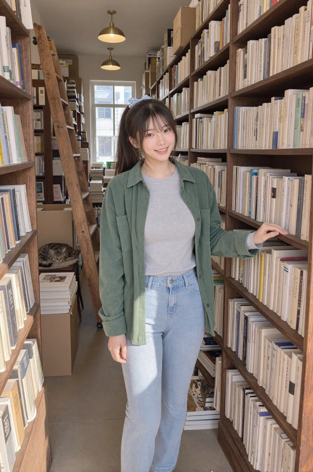 Riho 穿著綠色燈芯絨襯衫站在二手書店的走道上,對著鏡頭微笑,身後是頂到天花板的書架、一座木梯和一隻睡著的虎斑貓