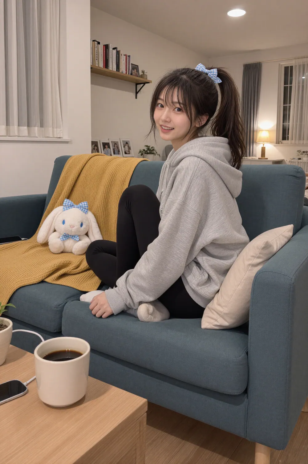 夜のリビングで、グレーのパーカー姿のRihoがソファに座り、こちらを振り返って笑っている。そばには白いうさぎのぬいぐるみと黄色いブランケット