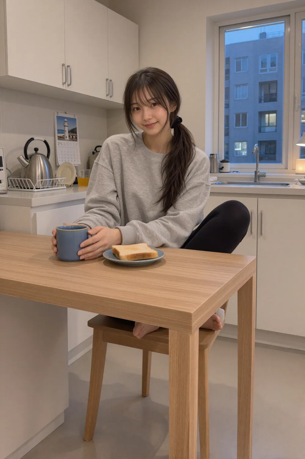 夕方、小さな木のテーブルで青いマグカップを手に持ち、そばにトーストを置いて、カメラに微笑むRiho
