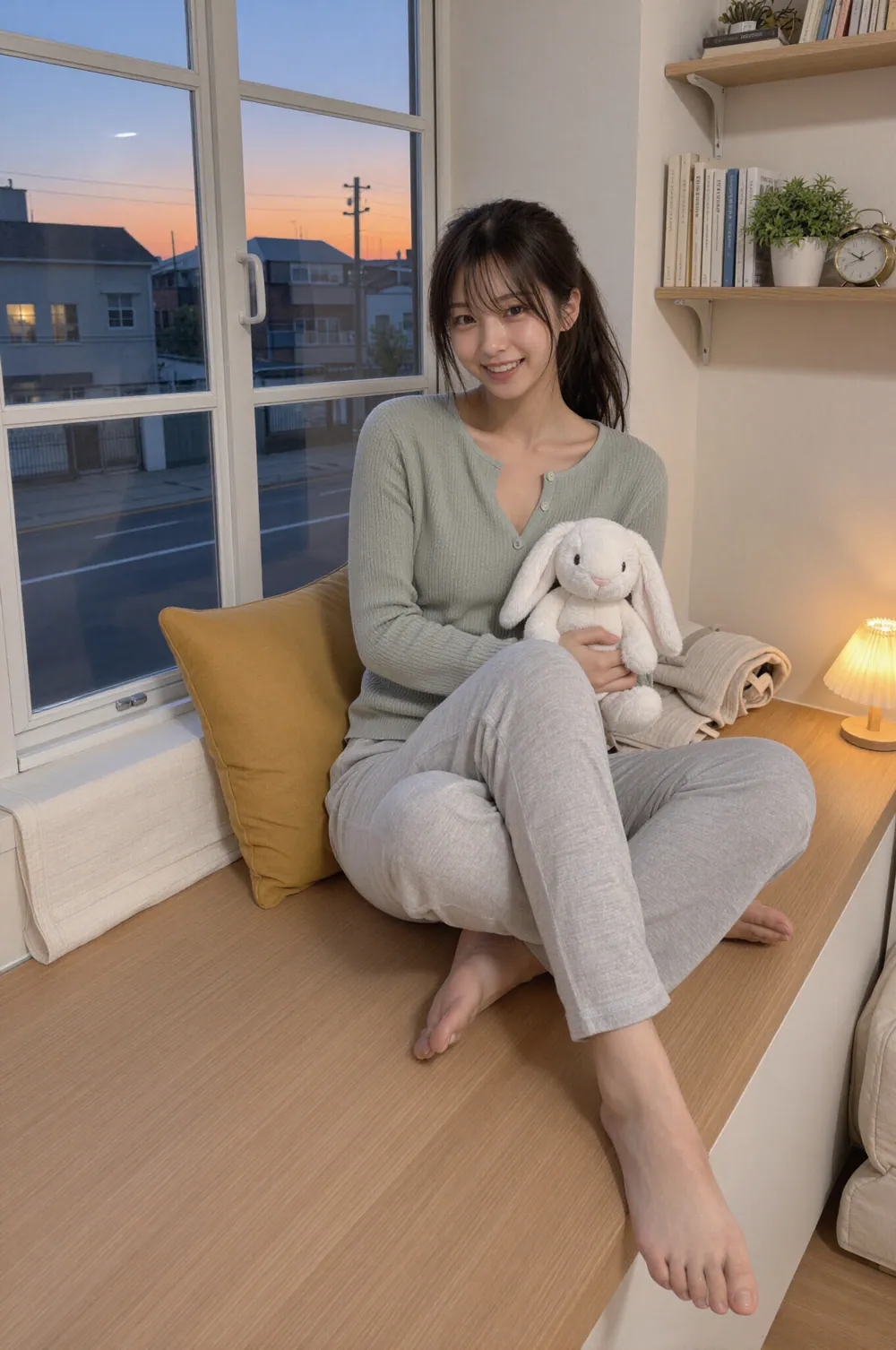 해 질 녘 창가 자리에서 흰 토끼 인형을 안고 활짝 웃는 Riho. 창밖에 노을이 지고 있고 옆에는 작은 조명이 켜져 있다