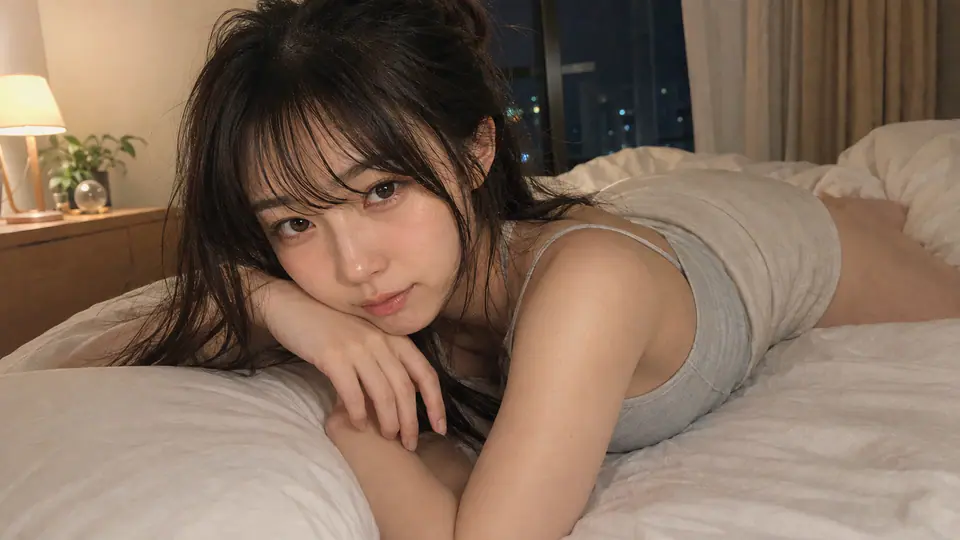 Riho lying on a hotel bed at night