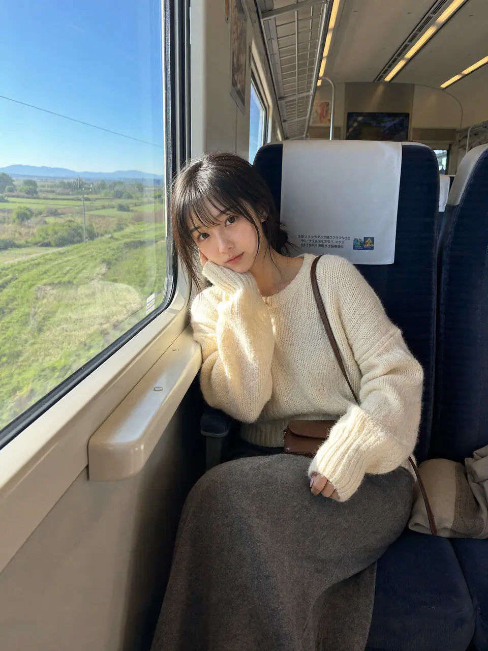 Riho on a train looking out the window