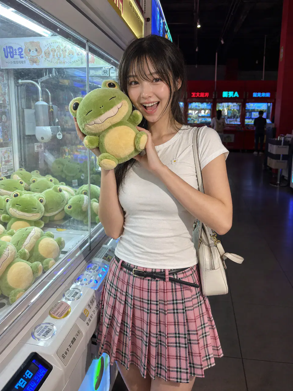 Riho at an arcade with a frog plush