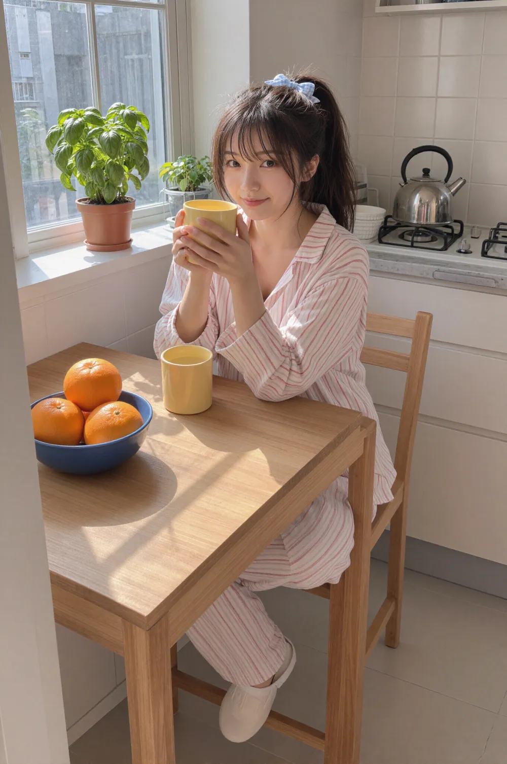 Riho at a small kitchen table in striped pajamas on a bright morning, holding a yellow mug, with a bowl of oranges on the table and a pot of basil on the window sill